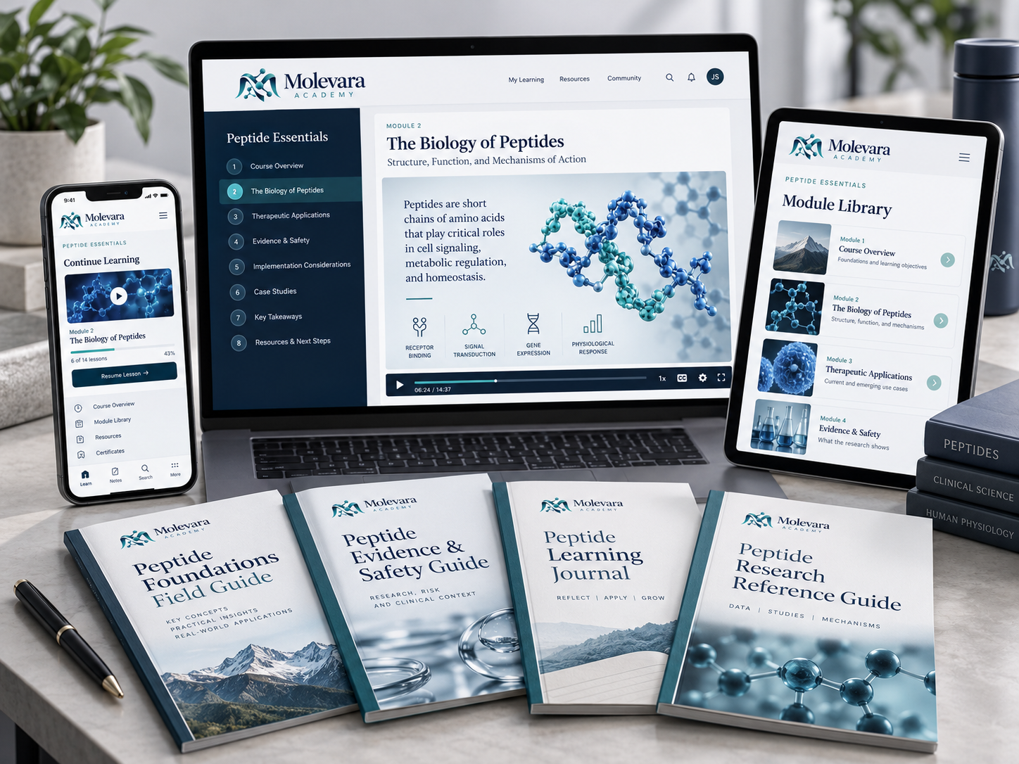 Peptide Essentials product mockup: course on laptop, tablet and phone with four companion guides